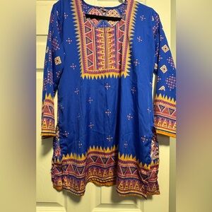 Vibrant boho Blue and Yellow Patterned tunic top
